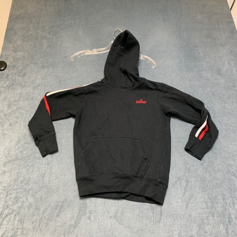 Spalding Hoodie Boys Medium 10-12 Black Logo Kangaroo Pocket Ribbed Pullover